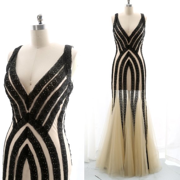 NWT Gothic Mermaid Black Lace Champagne Formal Evening Gown - Picture 1 of 7